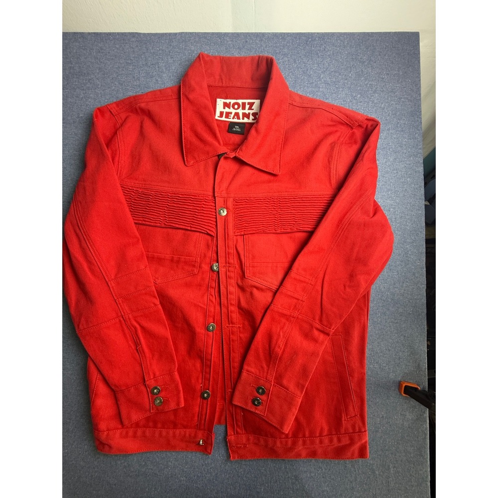 Noiz Jeans Mens 3XL Red Premium Denim Trucker Jacket Ribbed Pleated Streetwear
